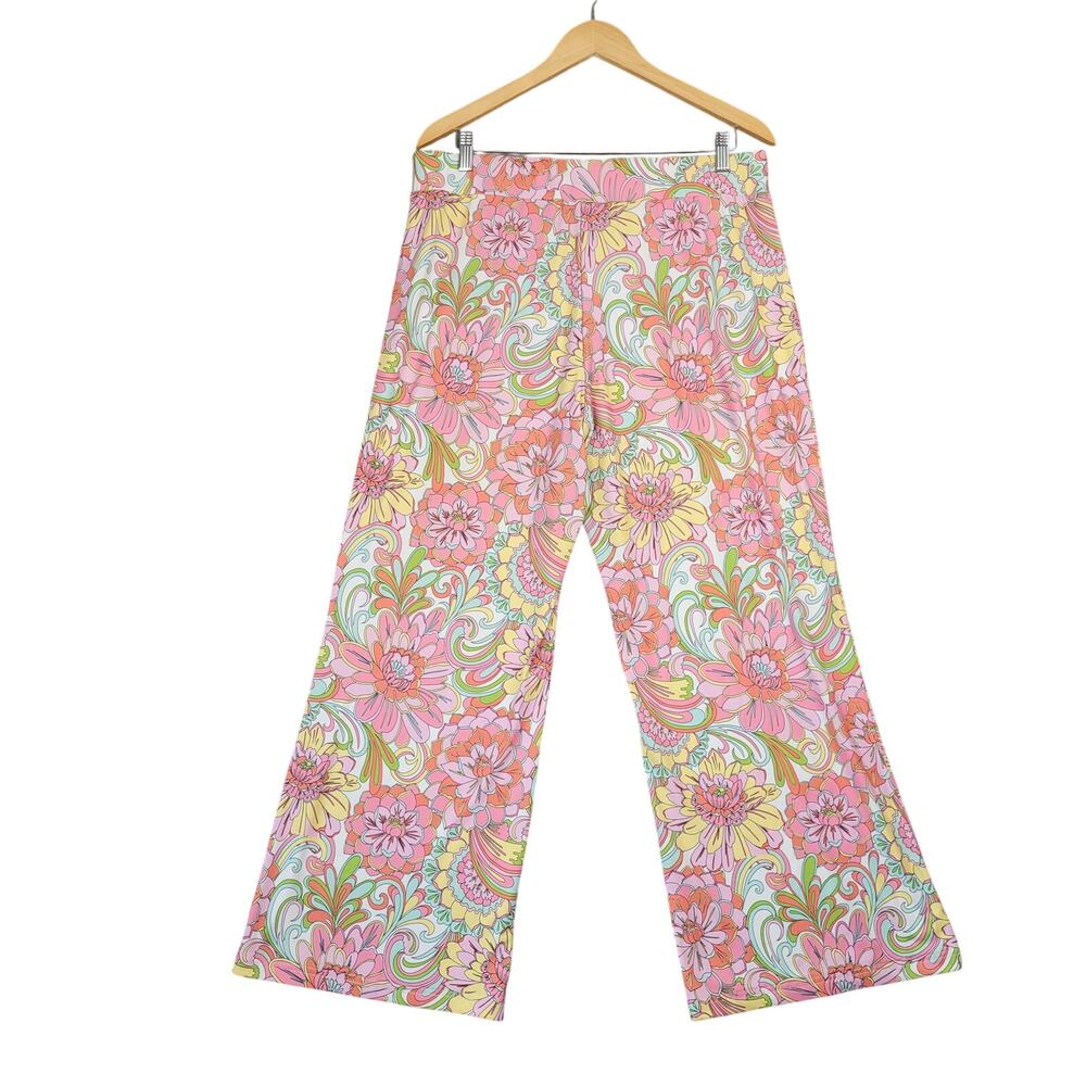 Boston Proper Womens L Floral Wide Leg Pants Hippie Retro Dopamine Dressing